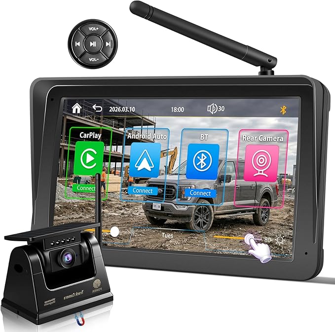 URVOLAX Wireless Backup Camera for Trucks - 7" Portable Apple CarPlay Android Auto Touchscreen Monitor - 10000mAh Solar Magnetic Rear View Camera for Heavy Duty Pickup,Cargo Trailer Van,Box Semi Truck