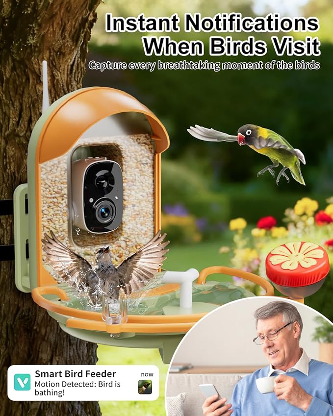 Bird Feeder with Camera, Smart Birdfeeder with Cam Solar Powered, 2K HD Video, AI Identification, Instant Arrival Alerts, IP66 Bird Bath & Feeder,Gift for BirdLover (with Pump, Green)