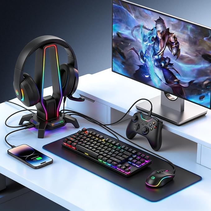 MARVO RGB Headphone Stand Data Transmission, 9 Lights Mode Headset Holder with 1 USB-C & 3 USB Ports & 1 3.5mm Jack Port, Ultimate Gaming Accessories for Gamers for PS, Xbox, PC