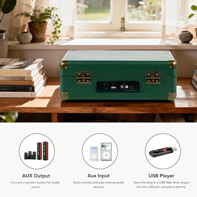 Record Player Portable with Bluetooth Connection USB Playback and Built in Rechargeable Battery 3 Speed Turntable Suitcase Design Vinyl Player with Built in Speakers for Home or Travel
