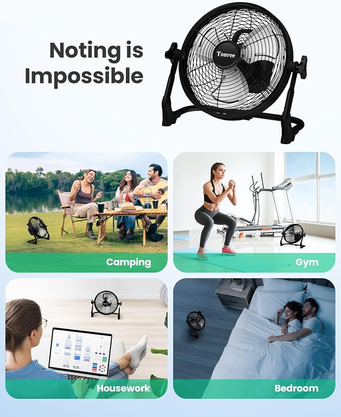 10" Portable Battery Operated Floor Fan, Cordless Rechargeable Fan, Hi-Velocity Wireless Fan, USB Phone Charge, 12-60H Runtime, Quiet, For Camping Tent Home Gym Shed Outdoor Garage Barn Travel