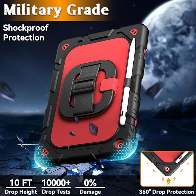 Grifobes for iPad 9th/8th/7th Generation Case, for iPad 10.2 Inch 2021/2020/2019 Case Cover with Screen Protector, 360°Rotate Stand, Hand & Shoulder Strap, Pencil Holder for Kids, Black Red