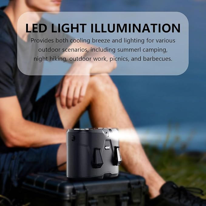 Portable Waist Fan with 10 Speeds, 10000mAh Battery，With lighting function, used as a neck fan, a desktop fan, and a hanging portable fan，With a cooling system for ice compress