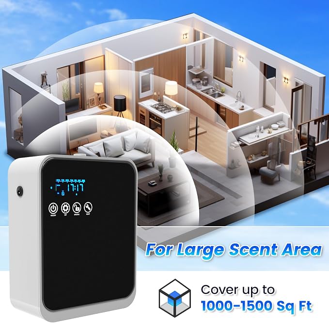 Waterless Essential Oil Diffuser,Whole House Oil Air Diffusers for Home,Hotel,Aromatherapy Scent Diffuser with APP Control & Touch Screen,1500 sq.ft Coverage,Adjustable Level & Auto Timer,Quiet,Black