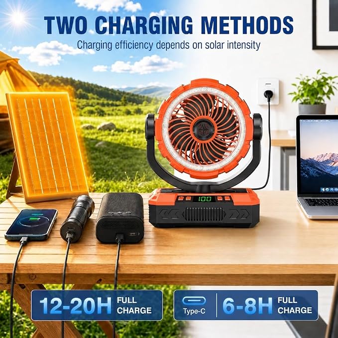 Rechargeable Solar Powered Camping Fan & Auto Oscillating, 【60H Runtime】Battery Powered Fan, Portable Outdoor Fan,5 Speeds,3 Lights,12H Timer for Travel, Fishing,Jobsite,Beach,Camping Essential