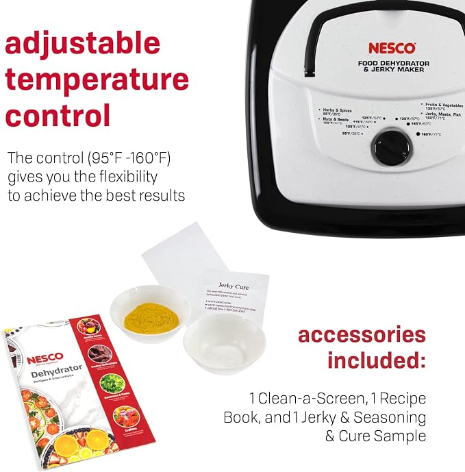 NESCO FD‑80A Square Food Dehydrator for Snacks, Fruit, Beef Jerky, 4‑Tray White Electric Dehydrator with Even Heat Drying