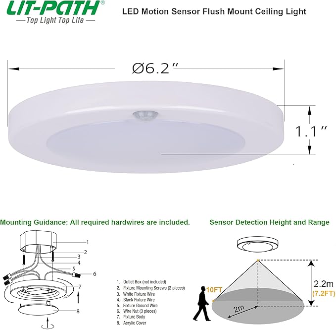 LIT-PaTH LED Flush Mount Ceiling Light, Closet Lighting Fixture with Motion Sensor, 10.5W, 700 Lumen, 6.2 Inch, Anti-Rust Galvanized Housing, White Finish 5000K 4-Pack