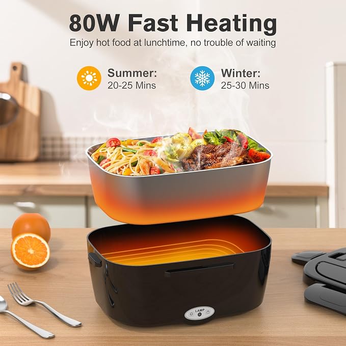 Vabaso Electric Lunch Box for Adults, 80W Heated Lunch Box with Dual 1.5L Stainless Steel Containers, Portable Food Warmer for Men Work Car Truck, 12V/24V/110V/220V -Black