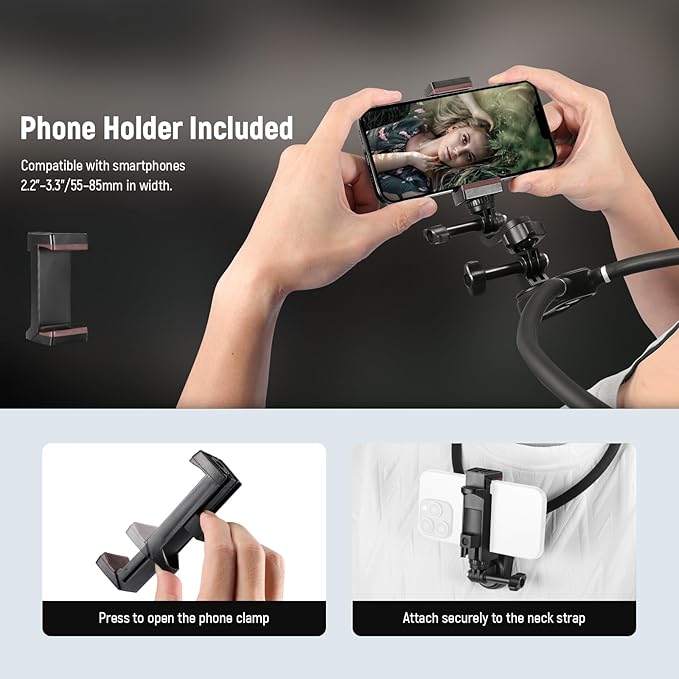 NEEWER Magnetic Neck Mount Compatible with GoPro Hero 13 12 11 MAX DJI Action 4 Insta360 iPhone 15 Pro Max Samsung S23, Quick Release Flexible POV Action Camera Neck Mount Adapter & Phone Holder, GP15