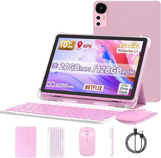 DIGITHINK Tablet PC 10 inch Android 15.0, Android Tablets, DDR4 4GB RAM+16GB Extend 20GB ROM 2MP+8MP Dual Camera, 2.4G+5G WiFi, Bluetooth 1TB Expand 10 in IPS Tab (Pink+Keyboard)