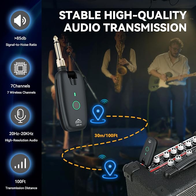 EASTROCK Wireless Guitar System, Guitar Transmitter & Receiver for Electric Guitar, Bass, Keyboard & More Instruments, 7-Channel Rechargeable, 6H Battery, 1/4” & 1/8” Plugs, Black