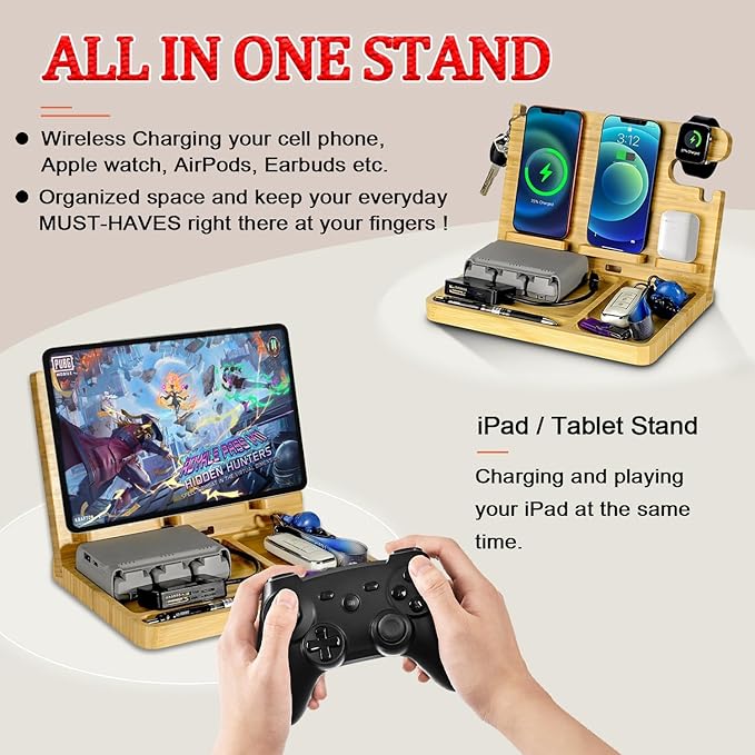 Wood Phone Docking Station 2 Phone Wireless Charging Station Nightstand Organizer for Men 27W Fast Charging Bamboo Wireless Charger for iPhone Android Phone iWatch Earbuds Birthday Gifts for Men