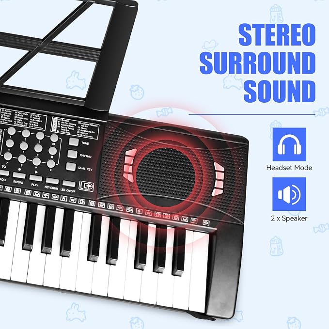 Keyboard Piano 61 Lighted Keys, Electric Keyboard Kit with 100 Voices, 100 Rhythms - Built-In Speaker, Microphone, Sheet Stand and Power Supply, Gift for Children Beginners [Black, Piano Only]