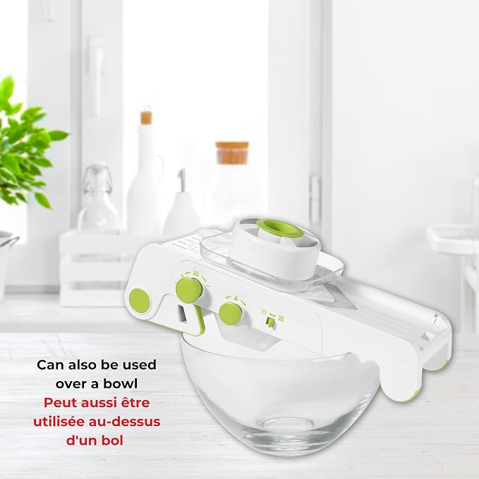 Starfrit Cubing Pro Mandoline Slicer, Dicer - 4 Blades & Graters with Storage Box - Straight & Crinkle V-Blades, Fine & Coarse Graters - 10 Thickness Settings, 3 Julienne Sizes - Self-Feeding Pusher