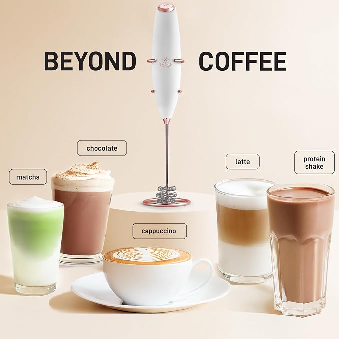 Zulay Kitchen Powerful Milk Frother Wand With Duracell Batteries - Ultra Fast Handheld Drink Mixer - Electric Whisk Foam Maker for Coffee, Lattes, Cappuccino & Matcha - Triple Whisk - Rose Gold