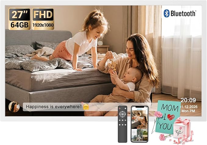 BSIMB Large Digital Picture Frame 27 Inch, 1920x1080 FHD WiFi Digital Photo Frame Electronic 32GB Display, Wall Mount Included, Share Pictures/Videos via App Easy Setup Gifts for Mom(Non-Touch), White