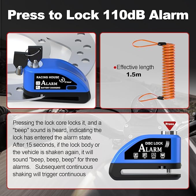 JAGASOL Motorcycle Lock Rechargeable, Alarm Disc Brake Lock with Reminder Cable, 110 dB Alarm Sound, Anti-Theft Waterproof, 2 H Fast-Charging, 9 Months Standby, 7 mm Lock Pin Universal for Bikes