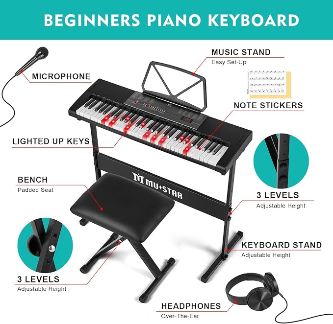 MUSTAR 61 Key Piano Keyboard, Electric Piano Keyboard with Lighted Up Keys, Learning Keyboards Piano for Beginners With Piano Stand, LCD Screen, Headphones, Microphone (Black with Stool)