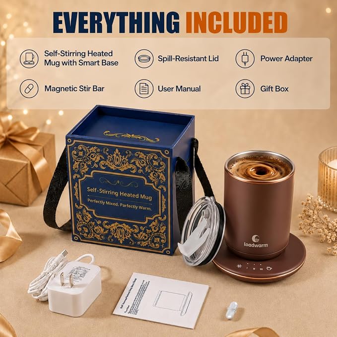 Self Heated Stirring Coffee Mug, 10oz Auto Mixing Cup with Warmer, Brown | 3 temp settings, food-grade stainless steel interior, 8-hour auto shut-off, plug-in desk mug with Warmer for office home
