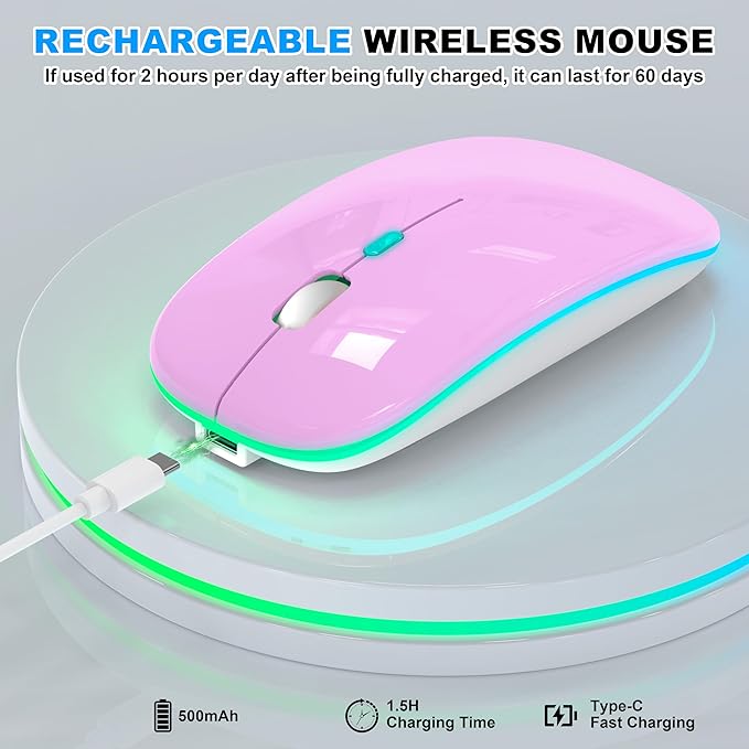 LED Wireless Mouse - RGB Rechargeable Bluetooth Wireless Mouse for MacBook Pro Air Mac iPad PC Laptop, Silent Optical USB C Mice with Jiggler Mouse Mover for Keep Computer Awake - Purple