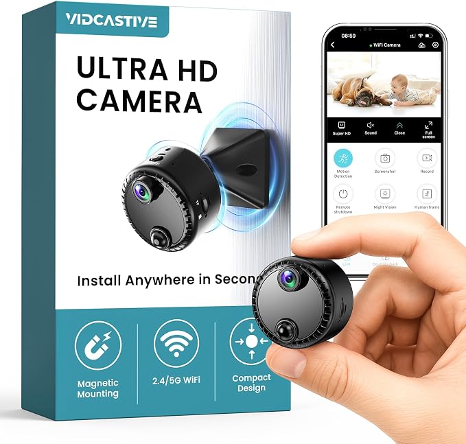 VIDCASTIVE 4K Mini Hidden Camera 2.4G/5G WiFi Wireless Indoor Security Camera for Home/Pet/Travel, AI Human Detection, Night Vision, Long Battery Life, SD & Cloud Storage