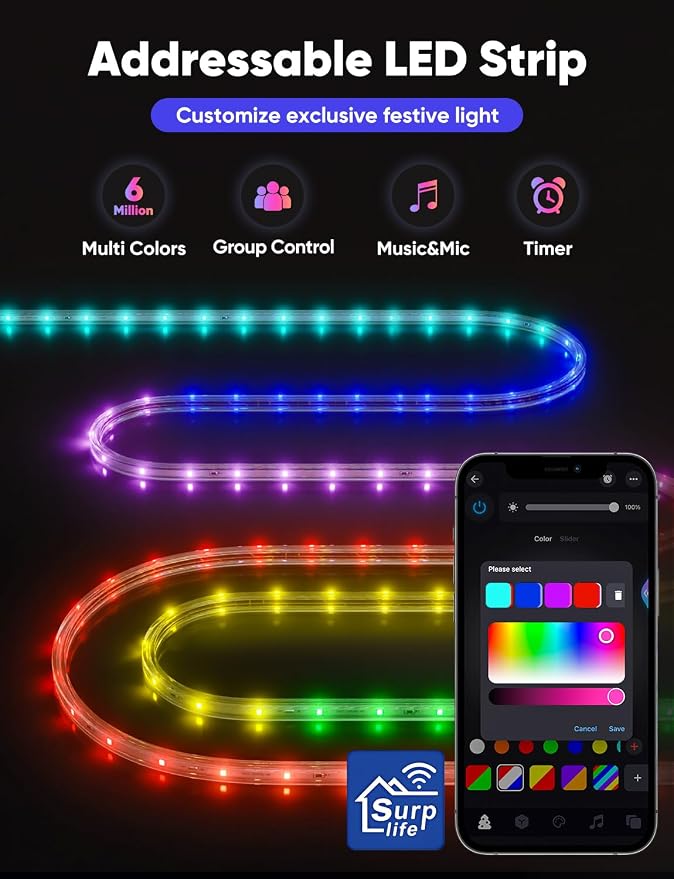 131FT Outdoor LED Strip Lights RGB+IC with Warm&Cool White, ETL Listed Music Sync Light Strip AC 120V, IP65 Waterproof and Connectable, for Party Festival Eave Porch Patio Every Day Decor