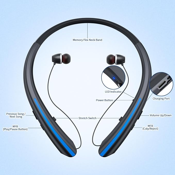 Neckband Retractable Bluetooth Headphones 2026 Upgrade - Wireless Headset with Mic, IPX5 Sweatproof Retractable Earbuds, Dual Device, 22H Playtime Noise Cancelling Stereo Earphones (Black Blue)