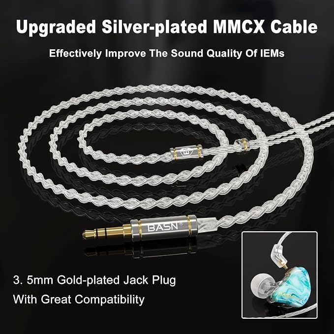 BASN MMCX in Ear Monitor Headphones,Triple Driver IEM in-Ear Earphone for Musician Drummer, Noise-Isolation HiFi Stereo Earbuds with Two Detachable Cables(Bluish White)