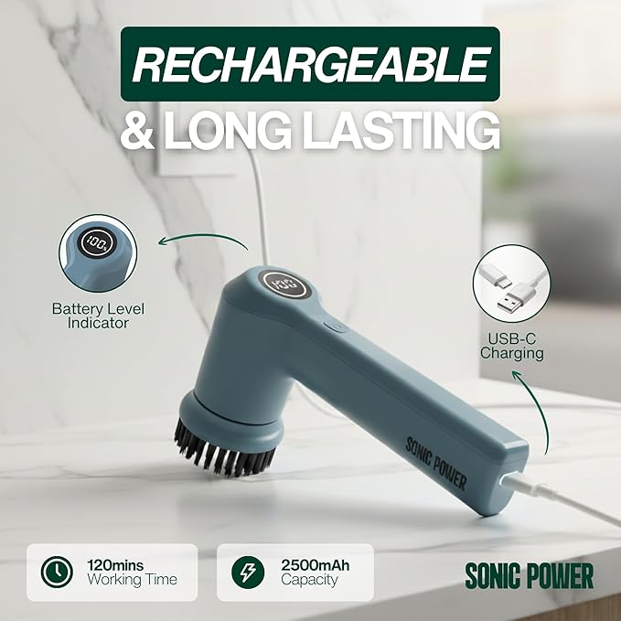 SonicPower Electric Spin Scrubber – Handheld & Ergonomic, IPX7 Waterproof, 4 Multi-Purpose Brush Heads, Long-Lasting Rechargeable Battery – Cleans Dishes, Bathroom, Tile, Grout & Kitchen (Steel Blue)