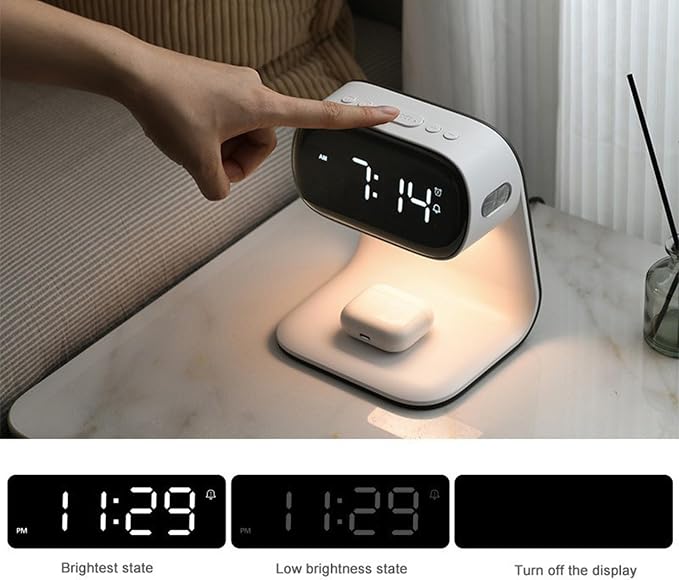 Multifunctional Wireless Charging Bedside Lamp with Digital Clock, Dimmable Night Light, 15W Fast Charge, Alarm & Touch Control, All-in-One Nightstand Organizer, A40 White.
