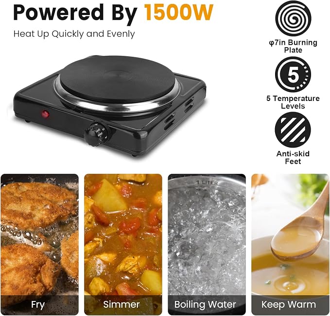Electric Burner, Electric Hot Plate for Cooking Portable Cooking Stove, Countertop Burner Cooktop for Kitchen, Dorm, Temperature Control, Easy to Clean, Black