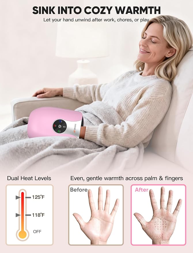JZBRAIN Hand Massager with Heat and Compression : Cordless Heated Hand and Wrist Massager for Palm, Fingers, and Comfort Relief – 4 Modes 6 Intensities, Portable Rechargeable, Wife Husband (Pink)