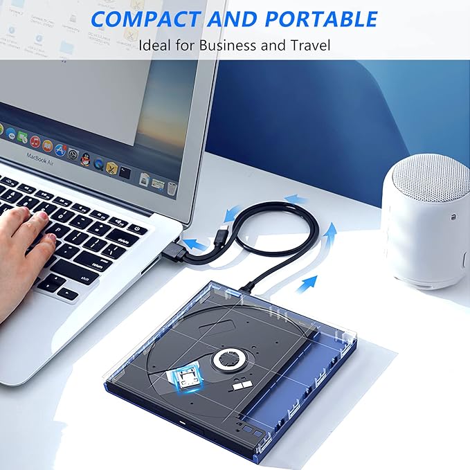 HATOKU External CD/DVD Drive for Laptop (USB 3.0 & USB-C): 8X DVD/24X CD Burner - Portable DVD Player for Laptop - Plug & Play External CD Drive for PC Desktop Windows 11 10 8 7 MacOS Linux (Grey)