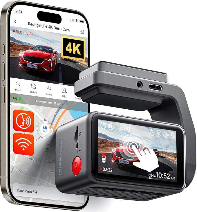 REDTIGER F4 4K Dash Cam Front, 2.2 inch Mini Car Camera, 2160P UHD Touch Screen, Voice Control, Night Vision, Built-in GPS, WiFi APP Control, Loop Recording, 24H Parking Monitor(No Card Included)