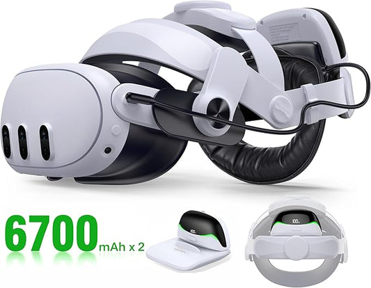Battery Head Strap for Meta Quest 3/3S/2 with Magnetic, Detachable & Hot-Swappable 6700mAh×2 Batteries and Charging Dock, Extends 4–6H Playtime, Comfortable VR Headset Strap - MQ4002