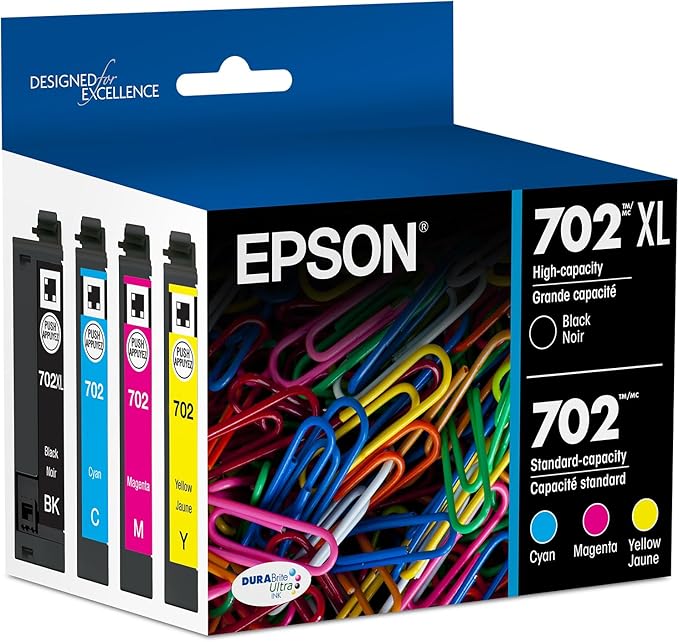 EPSON 702 DURABrite Ultra Ink High Capacity Black & Standard Color Cartridge Combo Pack (T702XL-BCS) Works with WorkForce Pro WF-3720, 3730, 3733