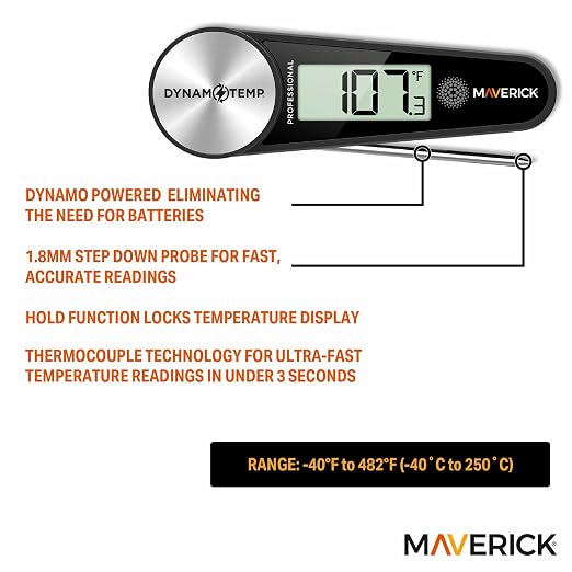 Maverick Dynamo Temp Instant Read Thermometer, No Batteries, Fast 2mm Step-Down Probe, ±1.8°F Accuracy, Magnetic Mount, IP54 Water-Resistant, Folding Design for Cooking & Grilling (DYNT-02)