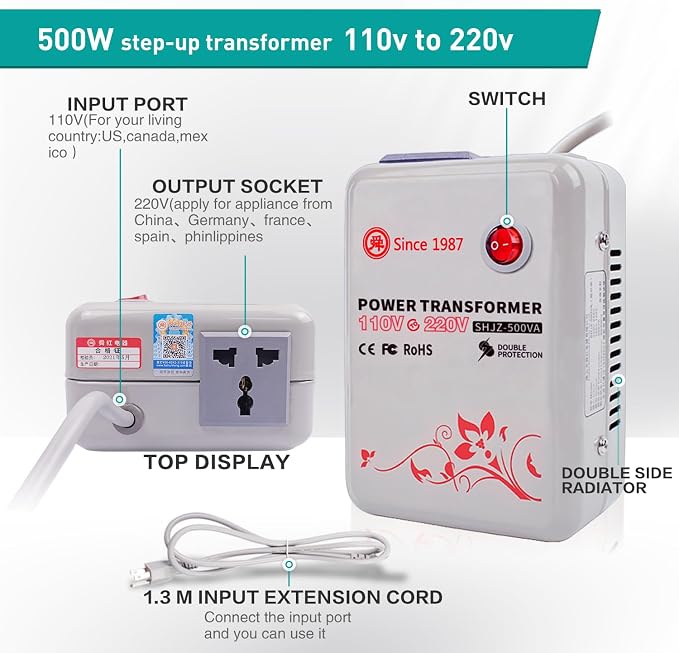 SUNSHUN Step Up Transformer 110v to 220v, 500W Step Up Voltage Converter 110V-120V to 220V-240V Voltage Transformer with Temperture Control Protection for Europe Asia Appliances Used in US