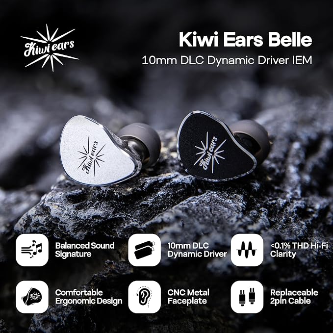 Linsoul Kiwi Ears Belle 10mm DLC Dynamic Driver in-Ear Monitor, HiFi Wired Earbuds with Dual Silver-Plated Cables, Professional IEM for Stage Performance/Gaming/Music Production (with MIC, Black)