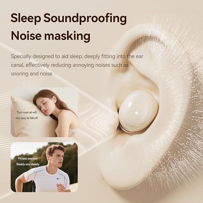 Flat Sleep Earbuds for Side Sleepers, Invisible Mini Earbuds for Small Ear Canals, Bluetooth 5.4, 66H Battery, Noise Blocking, Waterproof, LED Display for Sleep, Work & Travel（Beige）