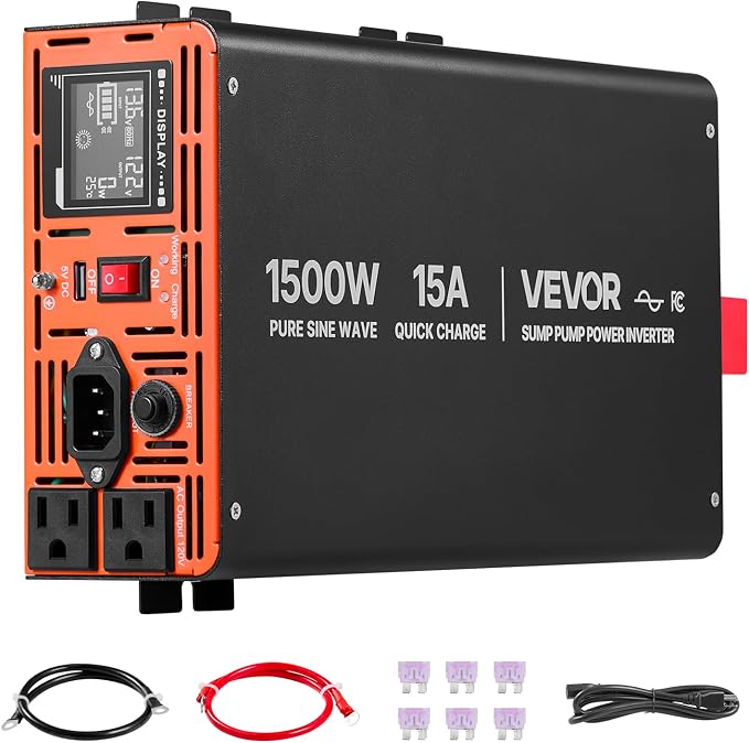 VEVOR 1500W Sump Pump Battery Backup System, LCD Display, Auto Switches to Battery Inverter Power for Sump Pump, Pure Sine Wave, for Basement Protection Emergency and Power Outage, Battery Not Include