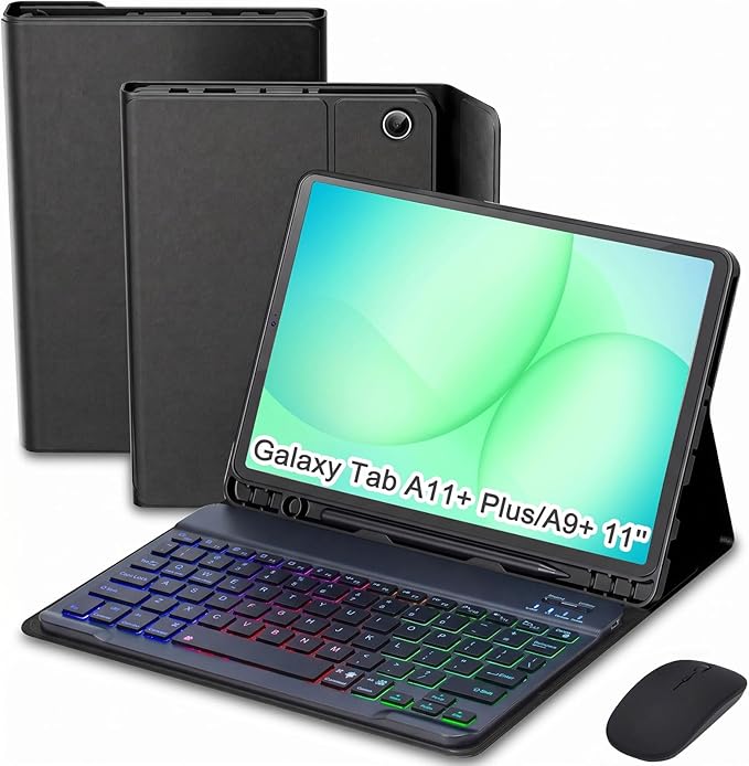 Keyboard Case for Samsung Galaxy Tab A11 Plus 11 Inch 2025 / A9+ Plus 2023 Tablet, Detachable Rainbow Backlit Wireless Keyboard and Mouse, Slim Stand Cover with S Pen Holder (Black)