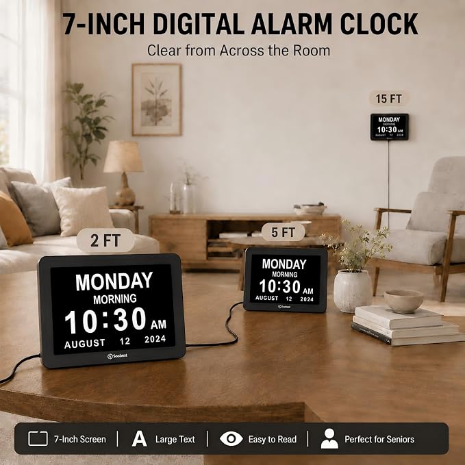 Soobest Dementia Digital Clock for Seniors Elderly, 20 Alarm Reminders 3 Ringtones for Memory Loss Alzheimers, Electric Time Date Day Large Display Calendar Clock, Auto DST, 1024 * 600P HD