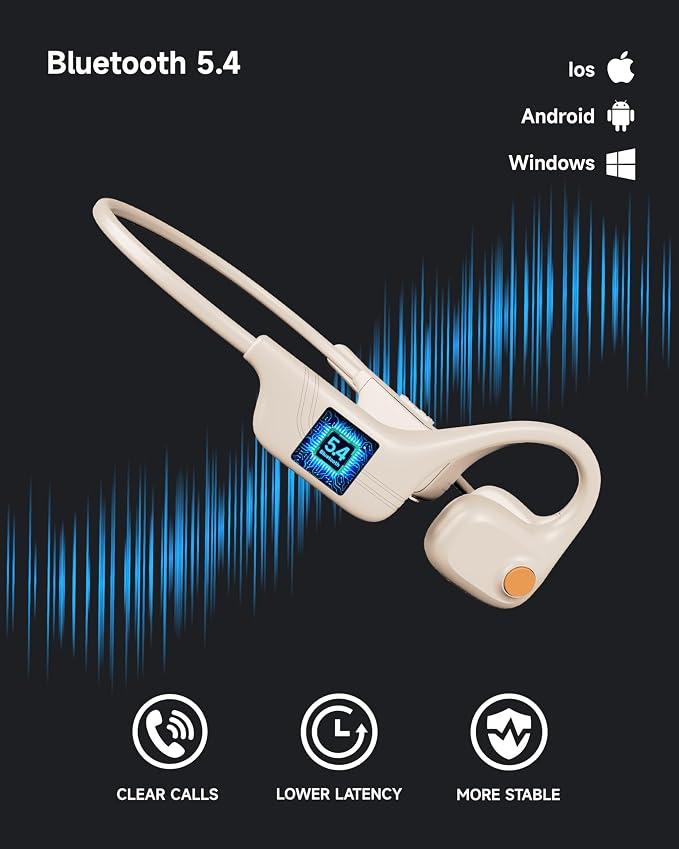 LOBKIN Open Ear Headphones with Mic, Bluetooth Headset with Noise Cancelling Microphone and Multipoint Connect, Wireless Bluetooth 5.4 Headset for Work Call Meeting Driving(Beige)