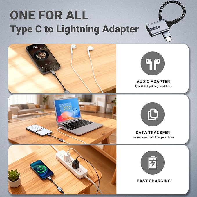 NICE BUDDY USB C to Lightning Adapter, 3-in-1 Type C to Female Lightning Converter OTG Cable for iPhone 15/14/13, iPad Pro/Air/Mini, MacBook, for Charging, Data Transfer, Music Audio with EarPods