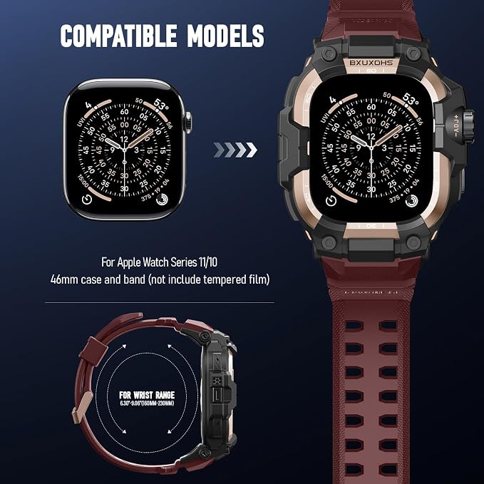 BXUXOHS Rugged Case and Band for Apple Watch 46mm Men, Compatible with Apple Watch Series 11/10, Military Grade Shockproof Bumper Cover, Tactical Band Case for iWatch 11/10 Man, Wine Red
