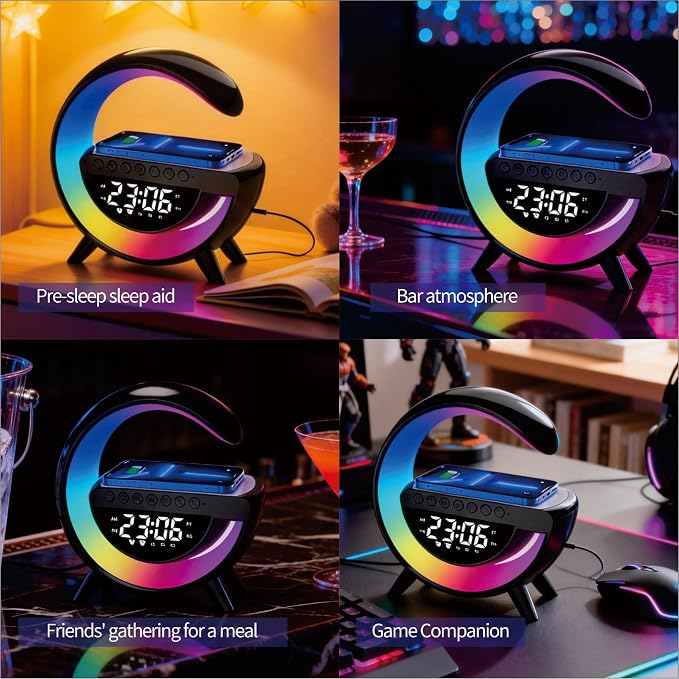 15W Wireless Charging Ambient Light Bluetooth Speaker Alarm Clock Multifunctional G-Type Colorful Bedroom Light Desktop Creative Ornament (Black)