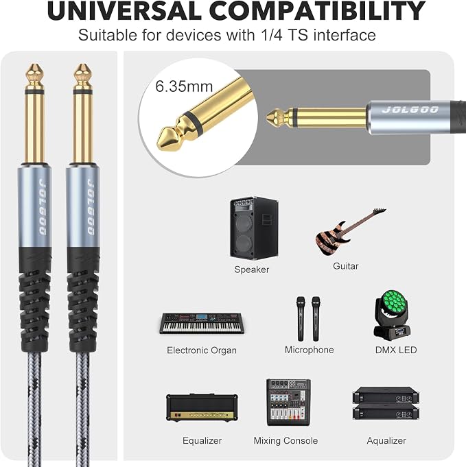 JOLGOO 1/4 Inch Guitar Instrument Cable 15 FT 2-Pack, 1/4 inch TS Guitar Cable, Quarter inch Cable, for Electric Guitar, Bass, Keyboard, Mixer, Amplifier, Speaker, Electric Mandolin