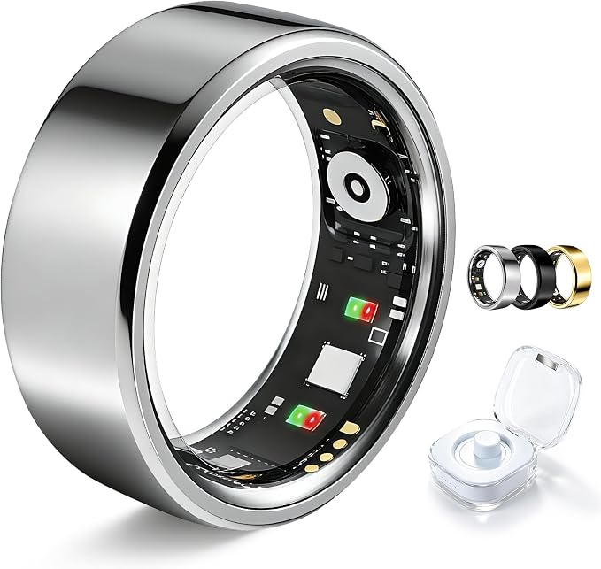 Smart Ring for Women Men Fitness Tracker Heart Rate Sleep Trends 128 Sports Modes Gesture Control Cycle Tracking IP68 Waterproof No Subscription Compatible with iPhone Android (Silver, Size 9)