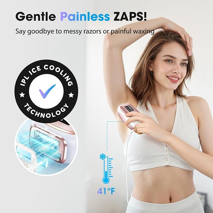 IPL Laser Hair Removal Device for Women & Men - Home 45°F Ice-Cooling Contact for Painless & Long-Lasting Results, 86% Hair Reduction in 3 Weeks for Full Body & Bikini Line, White Rose Gold